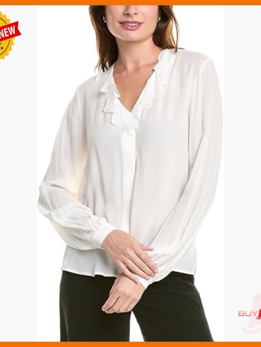 Long Sleeve Ruffle V-Neck Crepe Blouse Regular Fit Formal Casual